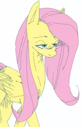 Size: 666x1007 | Tagged: artist:blackmoon545, derpibooru import, fluttershy, folded wings, lidded eyes, looking away, safe, simple background, solo, walking, white background