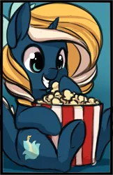 Size: 935x1442 | Tagged: aquapony, artist:starshinebeast, derpibooru import, female, filly, foal, food, oc, oc:tidal charm, original species, popcorn, safe, seaunicorn, solo, unofficial characters only
