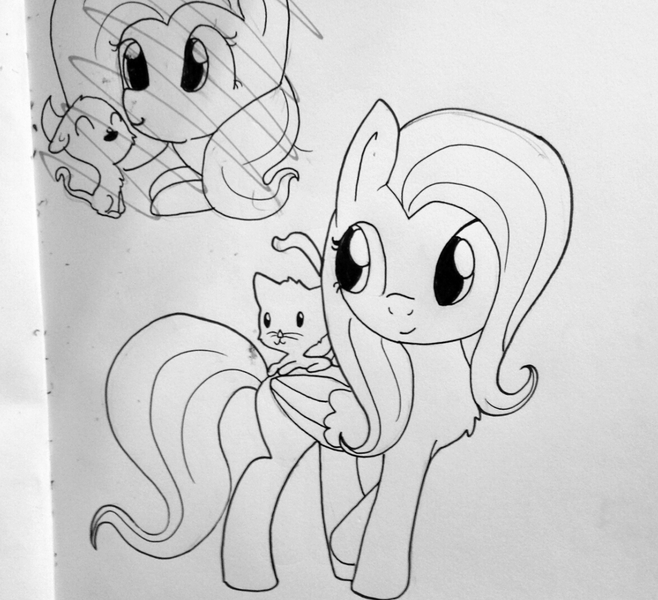 Size: 1175x1071 | Tagged: safe, artist:tjpones, derpibooru import, fluttershy, pony, black and white, grayscale, kitten, lineart, monochrome, traditional art