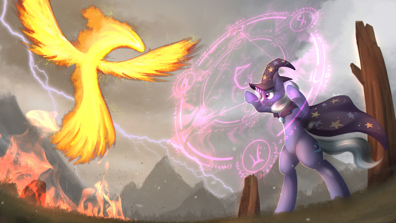 Size: 3000x1687 | Tagged: safe, artist:blackligerth, derpibooru import, trixie, phoenix, pony, bipedal, fire, magic, magic circle