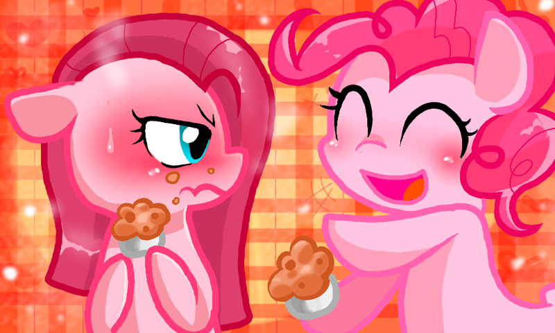 Size: 854x512 | Tagged: artist:miki 14, blushing, derpibooru import, duality, food, muffin, pinkamena diane pie, pinkie pie, safe, self ponidox, sweatdrop