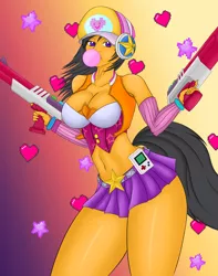 Size: 3000x3800 | Tagged: anthro, artist:askquickbullet, belt, big breasts, breasts, bubblegum, clothes, cosplay, costume, derpibooru import, female, food, game boy, gum, hair, handgun, headphones, heart, league of legends, legs, miniskirt, miss fortune (league of legends), oc, oc:quick bullet, pleated skirt, skirt, stars, suggestive, tail, thighs, unofficial characters only, weapon