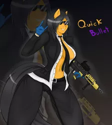Size: 4600x5100 | Tagged: absurd resolution, anthro, artist:askquickbullet, assault rifle, belt, big breasts, breasts, clothes, cosplay, costume, derpibooru import, female, gun, jacket, legs, necktie, oc, oc:quick bullet, payday 2, rifle, suggestive, sunglasses, tail, unofficial characters only, weapon