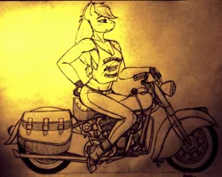 Size: 1280x1025 | Tagged: safe, alternate version, artist:sherman222, derpibooru import, applejack, anthro, plantigrade anthro, armpits, freckles, motorcycle, solo