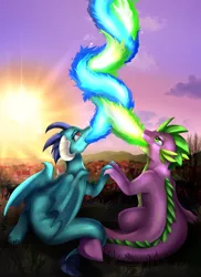 Size: 2550x3509 | Tagged: artist:pridark, blue fire, commission, derpibooru import, dragon, emberspike, female, fire, fire breath, fire spiral, green fire, male, older, older spike, open mouth, princess ember, safe, shipping, sitting, spike, spiral, straight, sunset