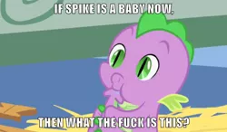 Size: 940x548 | Tagged: artist:xxmidnightderexx, baby spike, derpibooru import, drool, edit, edited screencap, image macro, meme, puffy cheeks, safe, screencap, smiling, solo, spike, :t, tail sucking, the cutie mark chronicles, vulgar