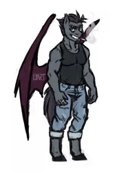 Size: 787x1060 | Tagged: safe, artist:lya, derpibooru import, oc, oc:draug, unofficial characters only, anthro, bat pony, unguligrade anthro, anthro oc, athlete, cigarette, clothes, jeans, male, pants, smiling, smoking, solo, standing, wings