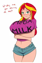 Size: 1114x1681 | Tagged: suggestive, artist:figgot, artist:marno, derpibooru import, edit, edited edit, sunset shimmer, equestria girls, belly button, big breasts, blushing, breasts, busty sunset shimmer, clothes, erect nipples, female, huge breasts, human coloration, mega milk, meme, midriff, nipple outline, nipples, photoshop, shipping, shorts, solo, solo female, sweat