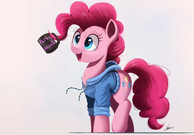 Size: 1609x1125 | Tagged: safe, artist:ncmares, derpibooru import, pinkie pie, earth pony, pony, chest fluff, clothes, coffee, coffee mug, cup, cute, diapinkes, female, fluffy, hoodie, mare, ncmares is trying to murder us, open mouth, pinkie found the coffee, prehensile mane, raised leg, signature, simple background, smiling, solo, walking, white background