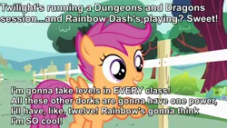 Size: 1280x720 | Tagged: derpibooru import, dungeons and dragons, edit, excited, hilarious in hindsight, image macro, implied rainbow dash, implied twilight sparkle, meme, out of character, safe, scootaloo, solo, this will end in tears
