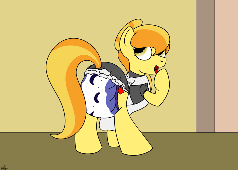 Size: 1400x1000 | Tagged: artist:spritepony, clothes, derpibooru import, diaper, diaper fetish, female, innocent, maid, milf, oc, oc:sweet apple harvest, poofy diaper, presenting, questionable, solo, sprite's canterlot house, unofficial characters only