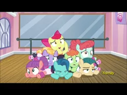 Size: 2048x1536 | Tagged: safe, derpibooru import, screencap, apple bloom, ballet jubilee, berry star, shining passion, shuffle step, strawberry swing, waltzer, earth pony, pony, on your marks, colt, cute, derp, discovery family logo, female, filly, leotard, male, pile, pony pile
