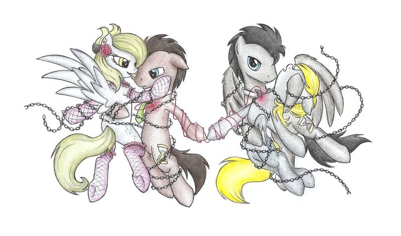 Size: 1024x604 | Tagged: safe, artist:islamilenaria, derpibooru import, derpy hooves, doctor whooves, time turner, pegasus, pony, bedeviled-derpy, chains, discord whooves, doctorderpy, female, male, mare, shipping, straight