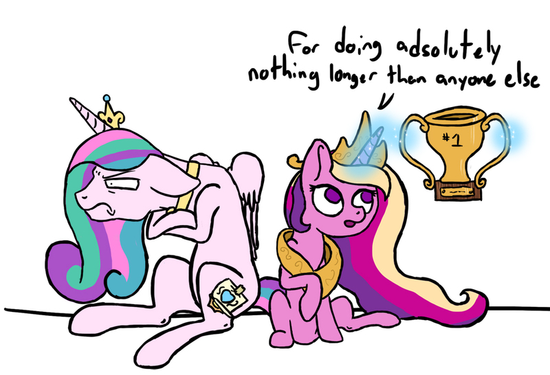 Size: 1000x683 | Tagged: accessory swap, artist:slamjam, big pink loser, derpibooru import, princess cadance, princess celestia, safe, spongebob squarepants, trophy