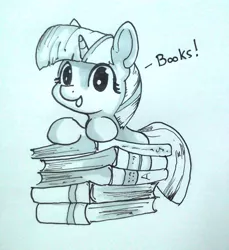 Size: 1280x1395 | Tagged: safe, artist:ravetuba, derpibooru import, twilight sparkle, unicorn, book, bookhorse, cute, filly, filly twilight sparkle, lineart, looking at you, monochrome, solo, that pony sure does love books, traditional art, twiabetes, unicorn twilight