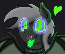 Size: 961x798 | Tagged: safe, artist:askhypnoswirl, derpibooru import, oc, oc:maraco arco, unofficial characters only, bat pony, pony, collar, drool, glow, glowing eyes, heart, hypnosis, male, stallion, tongue out