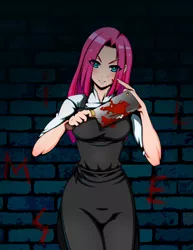 Size: 2550x3300 | Tagged: apron, artist:reddgeist, blood, cleaver, clothes, derpibooru import, grimdark, human, humanized, pinkamena diane pie, pinkie pie, solo