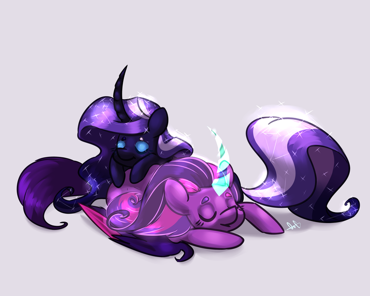 Size: 5000x4000 | Tagged: safe, artist:ogaraorcynder, derpibooru import, nightmare rarity, twilight sparkle, ponified, pony, equestria girls, absurd resolution, colored wings, colored wingtips, cuddling, curved horn, cute, equestria girls ponified, eyes closed, female, glowing horn, leaning, lesbian, magic, mare, midnight sparkle, prone, rarilight, shipping, simple background, smiling, snuggling, sparkles
