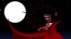 Size: 1800x1000 | Tagged: safe, artist:ardonsword, derpibooru import, ponified, pony, vampire, alucard, clothes, fangs, full moon, hair over eyes, hellsing, hidden eyes, laughing, moon, night, sharp teeth, smiling, solo
