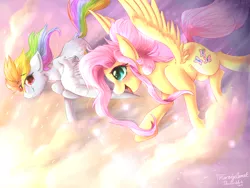 Size: 2400x1800 | Tagged: safe, artist:miragecomet, derpibooru import, fluttershy, rainbow dash, pony, female, flutterdash, flying, lesbian, looking at each other, mare, shipping, sky, spread wings, sunset, windswept hair, windswept mane