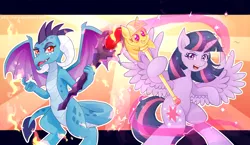 Size: 1850x1072 | Tagged: safe, artist:pika-chany, derpibooru import, princess ember, twilight sparkle, twilight sparkle (alicorn), alicorn, dragon, pony, gauntlet of fire, bloodstone scepter, dragon lord ember, scepter, twilight scepter