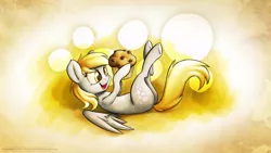 Size: 3840x2160 | Tagged: safe, artist:tenart, derpibooru import, derpy hooves, pegasus, pony, bubble, female, food, mare, muffin, on back, solo