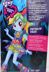 Size: 738x1077 | Tagged: safe, derpibooru import, rainbow dash, equestria girls, legend of everfree, box art, camp fashion show outfit, clothes, doll, equestria girls logo, french, german, outfit, promotional art, solo, spanish, toy