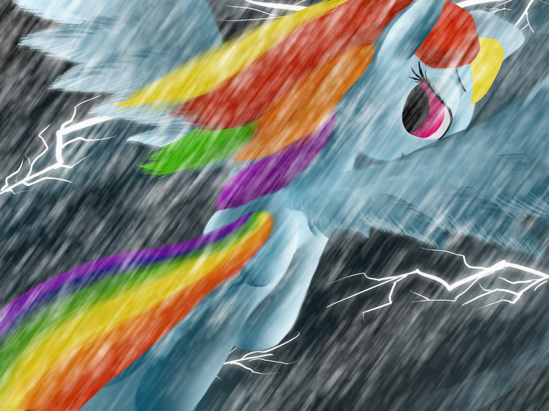 Size: 2000x1500 | Tagged: artist:minosua, cloud, dashing, derpibooru import, lightning, rain, rainbow dash, safe, solo, thunder