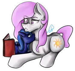 Size: 900x848 | Tagged: safe, artist:lyx-d, derpibooru import, princess celestia, princess luna, earth pony, pony, book, female, filly, filly celestia, filly luna, pink-mane celestia, pouting, prone, reading, snuggling, woona, younger