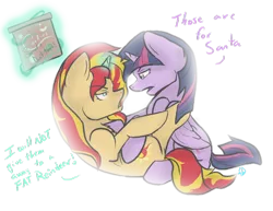 Size: 900x695 | Tagged: safe, artist:lyx-d, derpibooru import, sunset shimmer, twilight sparkle, twilight sparkle (alicorn), alicorn, pony, unicorn, cookie, cookie box, fight, food, magic, misleading thumbnail, on back, simple background, telekinesis, transparent background