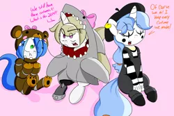 Size: 3000x2000 | Tagged: artist:fullmetalpikmin, bear, clothes, congenital amputee, costume, derpibooru import, mime, oc, oc:cherry blossom, oc:mal, oc:viewing pleasure, safe, shark, shark costume, tumblr:ask viewing pleasure, unofficial characters only