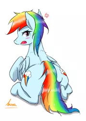 Size: 2000x2800 | Tagged: safe, artist:kanaowo, derpibooru import, rainbow dash, blushing, both cutie marks, plot, prone, solo