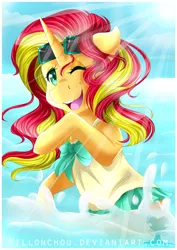 Size: 2893x4092 | Tagged: safe, artist:pillonchou, derpibooru import, sunset shimmer, pony, unicorn, equestria girls, absurd resolution, bowtie, clothes, crepuscular rays, ocean, one eye closed, open mouth, skirt, solo, splashing, summer, sun, water, wink