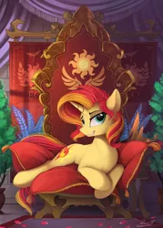 Size: 1785x2500 | Tagged: safe, artist:yakovlev-vad, derpibooru import, sunset shimmer, pony, unicorn, banner, bedroom eyes, chair, chest fluff, cute, ear fluff, female, floppy ears, fluffy, grin, looking at you, mare, paint tool sai, pillow, praise the sunset, prone, royalty, shimmerbetes, signature, smiling, smirk, smugset shimmer, solo, throne