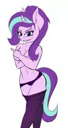Size: 451x850 | Tagged: anthro, artist:duop-qoub, bedroom eyes, belly button, breasts, clothes, covering breasts, derpibooru import, ear fluff, female, looking at you, middle finger, panties, simple background, smirk, smug, solo, starlight glimmer, suggestive, underwear, vulgar, white background