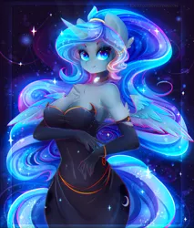 Size: 2846x3333 | Tagged: suggestive, artist:koveliana, derpibooru import, princess luna, alicorn, anthro, armpits, breasts, busty princess luna, chest fluff, choker, chromatic aberration, cleavage, clothes, color porn, cute, dress, evening gloves, female, fluffy, gloves, glowing mane, high res, looking at you, smiling, solo, solo female, sparkles, starry eyes, wingding eyes