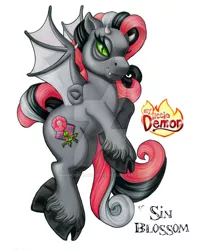 Size: 600x750 | Tagged: safe, artist:shamansoulstudios, derpibooru import, oc, oc:sin blossom, unofficial characters only, bat pony, demon pony, pony, devil horns, fangs, g3, logo, my little x, unshorn fetlocks, watermark