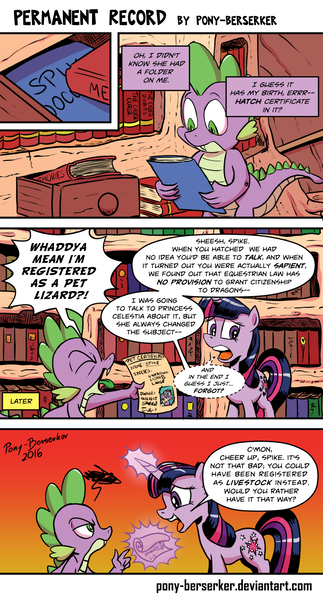 Size: 900x1674 | Tagged: safe, artist:pony-berserker, derpibooru import, spike, twilight sparkle, angry, birth certificate, book, certificate, comic, eye contact, eyes closed, folder, frown, glare, levitation, library, magic, nervous, open mouth, pet, smiling, speech bubble, telekinesis, tongue out, unamused, yelling