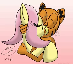 Size: 1668x1452 | Tagged: safe, artist:commanderpaws, derpibooru import, fluttershy, background pony strikes again, crack shipping, crossover, crossover shipping, eyes closed, female, garfield, gradient background, kissing, male, shipping, straight, wat, why