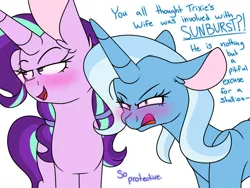 Size: 1280x960 | Tagged: safe, artist:korgikardigan, derpibooru import, starlight glimmer, trixie, pony, unicorn, no second prances, angry, blushing, female, impossibly large ears, lesbian, mare, shipping, startrix