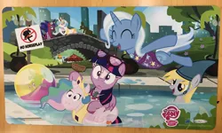 Size: 1600x962 | Tagged: safe, artist:pixelkitties, derpibooru import, derpy hooves, gummy, orange frog, princess celestia, princess luna, trixie, twilight sparkle, twilight sparkle (alicorn), alicorn, pony, ball, beach ball, clothes, enterplay, eyes closed, floaty, frown, hoof hold, inflatable, inner tube, jumping, merchandise, one-piece swimsuit, open mouth, playmat, smiling, sunburn, sunglasses, suntan lotion, swimming pool, swimsuit, umbrella drink, unamused, wide eyes