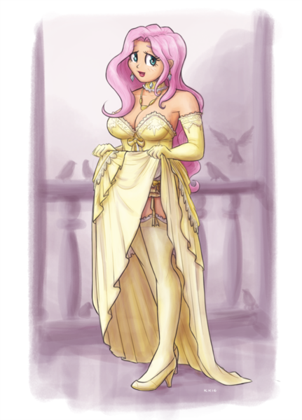 Size: 919x1280 | Tagged: artist:king-kakapo, big breasts, bird, breasts, busty fluttershy, choker, cleavage, clothes, corset, derpibooru import, dress, ear piercing, earring, evening gloves, female, fluttershy, frilly dress, frilly underwear, garter belt, garters, gloves, high heels, human, humanized, jewelry, multiple variants, necklace, panties, piercing, ribbon, skirt, skirt lift, stockings, suggestive, underwear, upskirt, yellow underwear