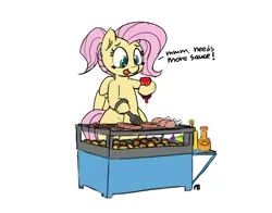 Size: 1280x1004 | Tagged: safe, artist:pabbley, derpibooru import, fluttershy, 30 minute art challenge, alternate hairstyle, bipedal, cooking, food, grill, meat, out of character, ponies eating meat, ponytail, simple background, solo, tongue out, white background