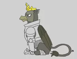 Size: 1280x983 | Tagged: safe, artist:pabbley, derpibooru import, king grover, gryphon, 30 minute art challenge, armor, crown, crown of grover, gray background, jewelry, male, regalia, simple background, solo