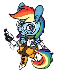 Size: 930x1200 | Tagged: safe, artist:ramott, derpibooru import, rainbow dash, chibi, crossover, overwatch, rainbow tracer, solo, tracer