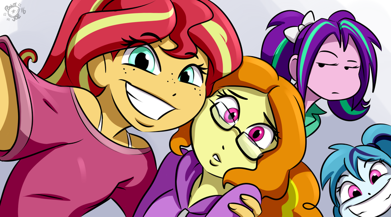 Size: 1866x1036 | Tagged: safe, artist:ponut_joe, derpibooru import, adagio dazzle, aria blaze, sonata dusk, sunset shimmer, equestria girls, adoragio, clothes, cute, female, freckles, glasses, grin, jacket, looking at you, nerddagio, raised eyebrow, selfie, shimmerbetes, shirt, smiling, sonatabetes, the dazzlings, younger