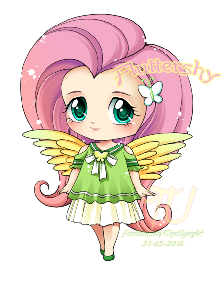 Size: 1043x1367 | Tagged: artist:thucuyen, chibi, clothes, cute, derpibooru import, fluttershy, human, humanized, safe, shyabetes, skirt, solo, winged humanization