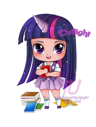 Size: 1132x1507 | Tagged: adorkable, artist:thucuyen, book, chibi, clothes, cute, derpibooru import, dork, horned humanization, human, humanized, pleated skirt, safe, shoes, skirt, socks, solo, twiabetes, twilight sparkle