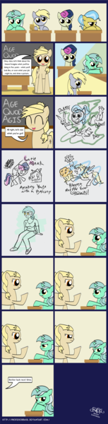 Size: 1191x4659 | Tagged: safe, artist:professorbasil, derpibooru import, bon bon, derpy hooves, doctor fauna, lyra heartstrings, sweetie drops, oc, pegasus, pony, animal, comic, drawing, female, food, future, house, humie, mare, muffin, picture, vet, when i grow up