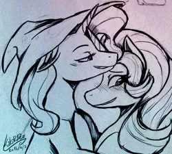 Size: 1000x900 | Tagged: safe, artist:kikirdcz, derpibooru import, starlight glimmer, trixie, pony, unicorn, female, lesbian, mare, monochrome, shipping, sketch, startrix, traditional art